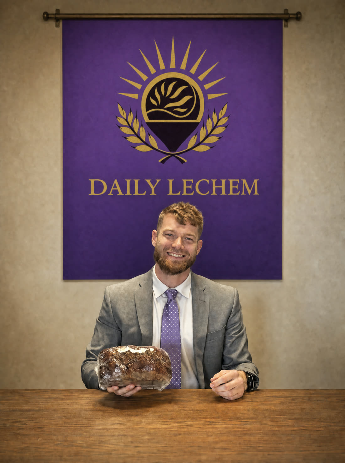 Joshua of Daily Lechem holding one of his loaves beneath the bakery banner